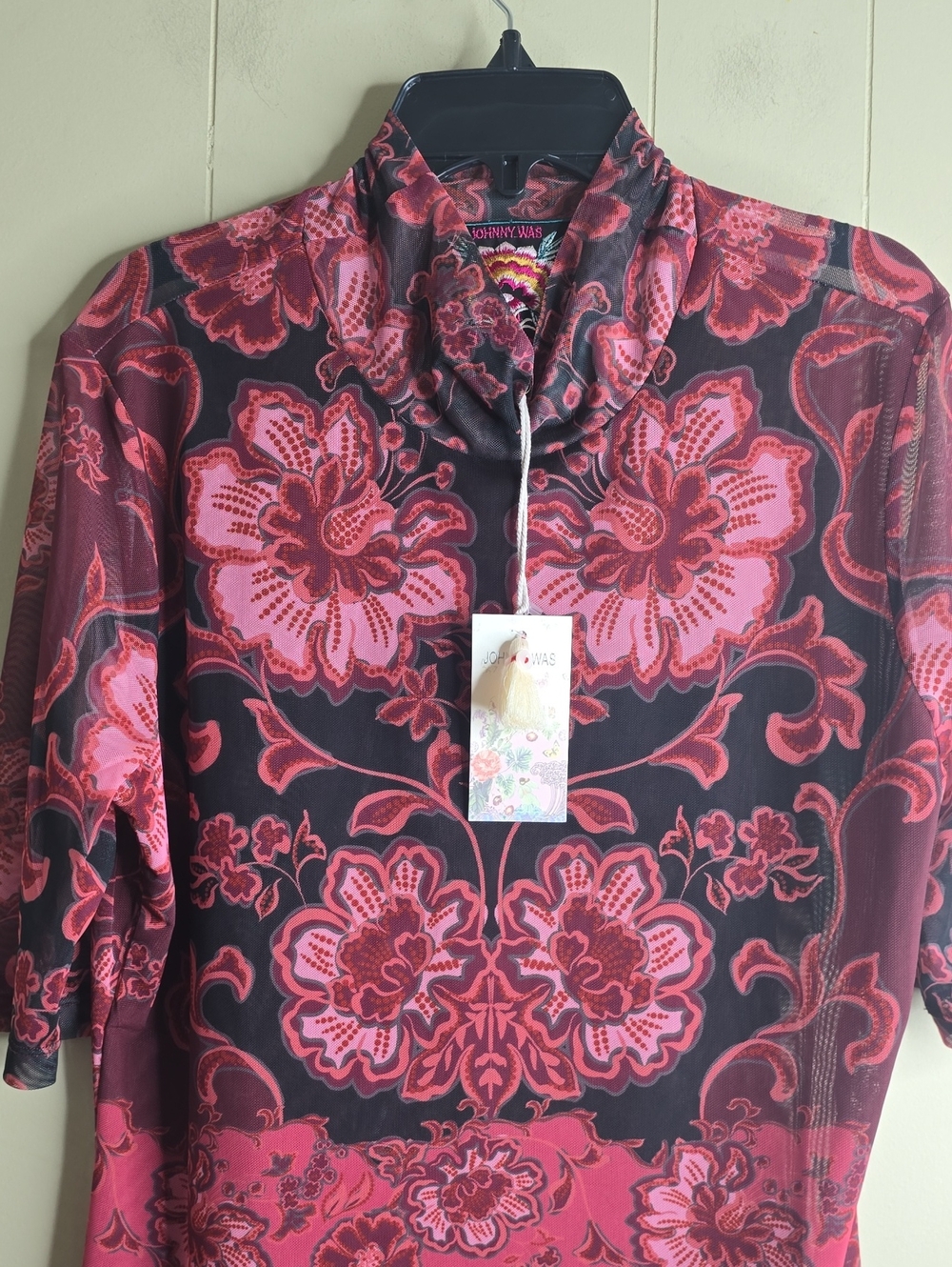 Johnny Was Mesh Elbow Sleeve Mock Neck Top Size Large - Picture 7 of 7